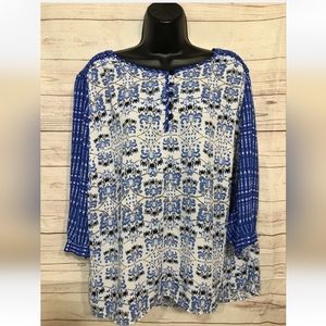 Women’s Blue and White Graphic Notations Blouse-Plus 1X